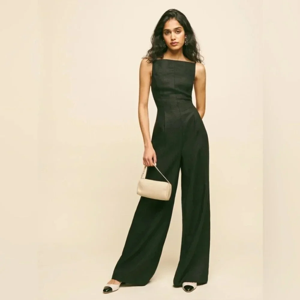 NWT Reformation Ciara Linen Sleeveless Jumpsuit Relaxed Leg Black | size 0 - Picture 3 of 11